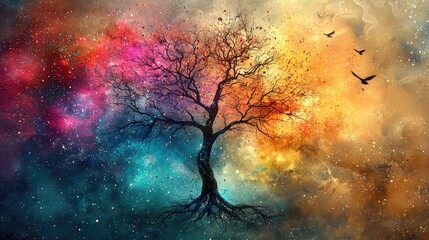 Mystical Star Wars-Inspired Glowing Tree with Cosmic Force Energy, Vibrant Colors, and Ethereal Galaxy