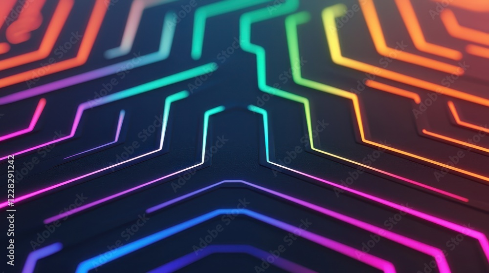 Poster abstract digital circuit pattern in vibrant colors on dark background
