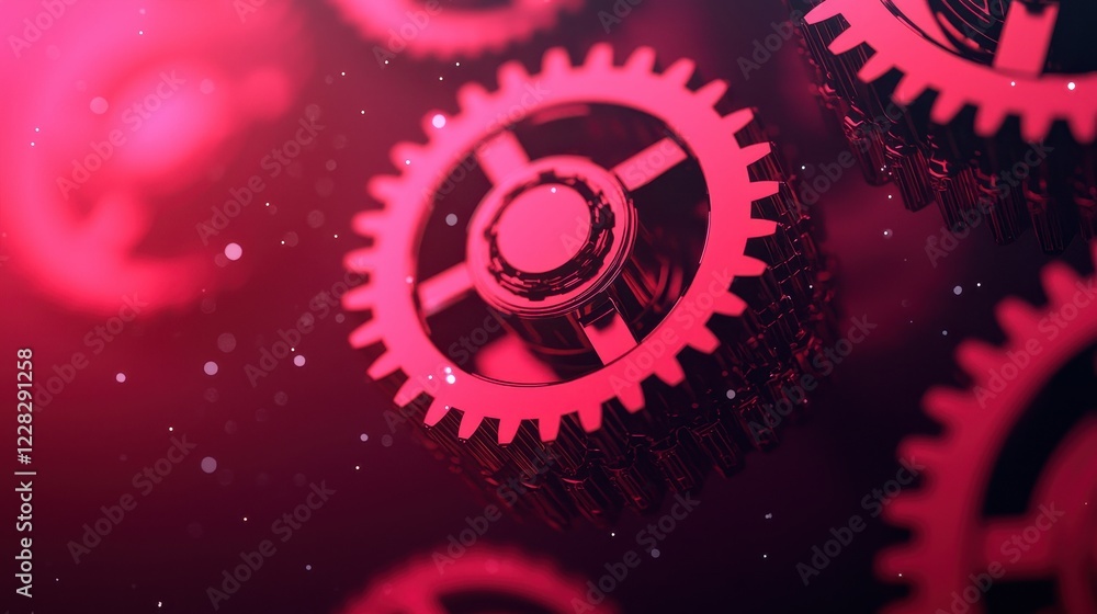 Poster red metallic gears in abstract background with glimmers of light