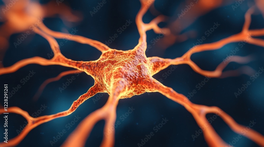 Poster close-up view of neuron cell structure with bright orange axons