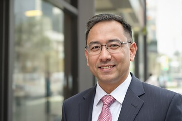 Fototapeta premium Confident Asian Businessman Portrait, City Background, Professional Headshot