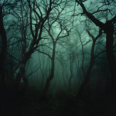 Ominous Fog-Enshrouded Forest Path Disappearing into Eerie Darkness