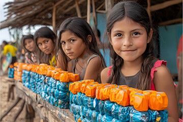 Diverse group of children and adults actively participating in a recycling workshop, promoting sustainability and environmental awareness