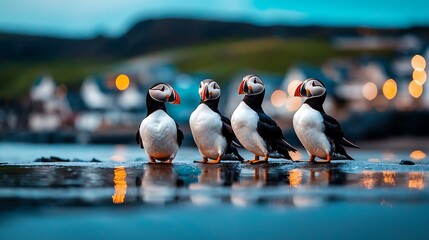 Four puffins on coastal rocks at dusk, village lights blurred background; wildlife photography