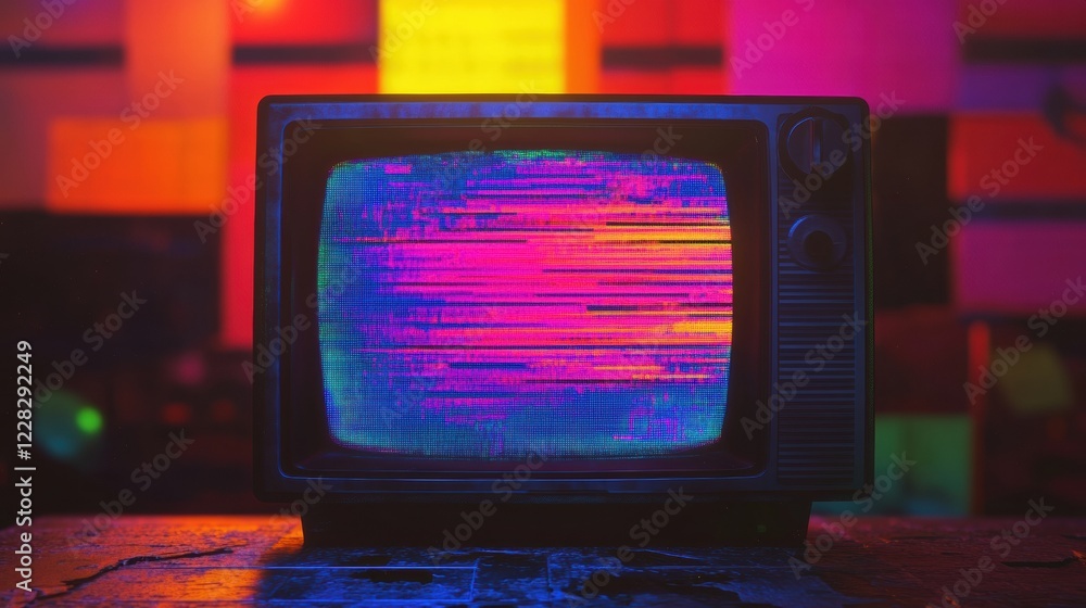 Fototapete retro television screen displaying vibrant static noise and colorful glitch patterns against a dark 