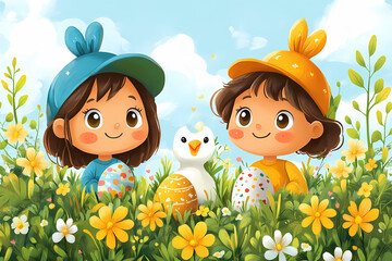 Children having fun searching for colorful Easter eggs in a vibrant park during an Easter egg hunt