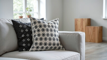 Minimalist black and white throw pillow with geometric designs placed on a sleek gray couch, with copy space for text