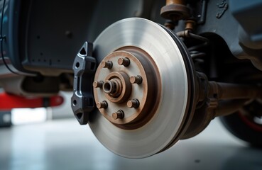 Close-up view of car disc brake undergoing repair in garage. Mechanic working on brake pad replacement. Suspension checked for maintenance. Focus on metal parts of brake system. Car maintenance in