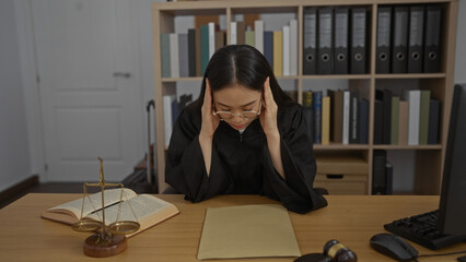 Stressed woman judge in office workplace indoors reading legal documents with glasses