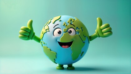 Happy cartoon Earth planet character shows thumbs up. Planet Earth illustration shows smiling face, arms. Animated character represents positive message about planet Earth. Design friendly, cheerful.