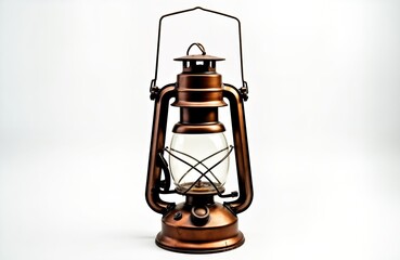 Vintage kerosene lantern stands on white background. Rustic antique style oil lamp. Sturdy metal construction. Classic design. Ideal for home decor. Evokes old-fashioned ambiance. Showpiece item.
