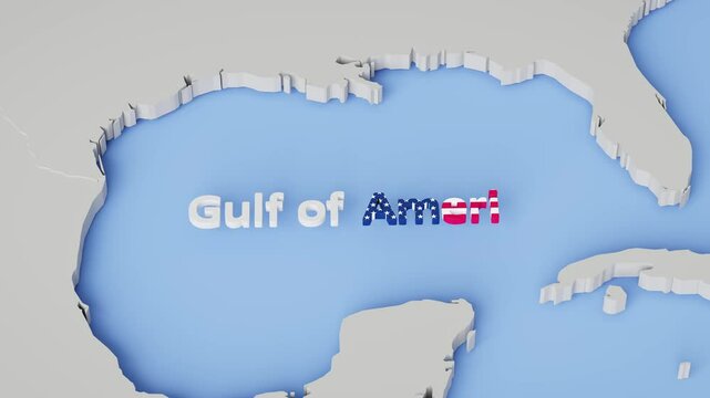 Renaming the Gulf of Mexico into Gulf of America concept. Typewriter erasing the word "Mexico" and replacing it with "America" in the respective flag colors.
