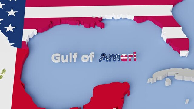 Renaming the Gulf of Mexico into Gulf of America concept. Typewriter erasing the word "Mexico" and replacing it with "America" in the respective flag colors.