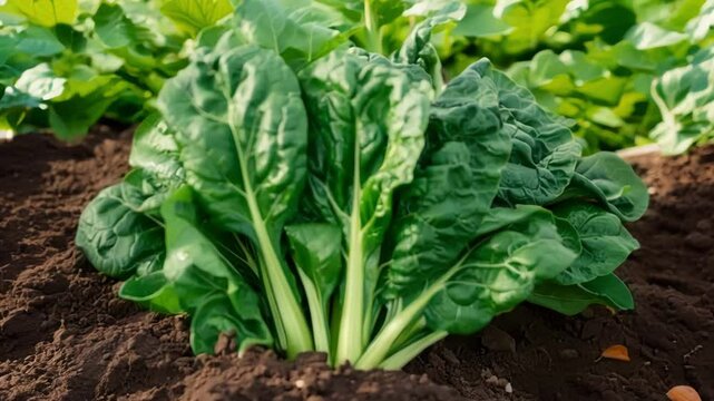 Vibrant green swiss chard leaves are thriving in the fertile soil of a farm, bathed in natural sunlight. The healthy leaves promise a bountiful harvest of this nutritious and delicious vegetable