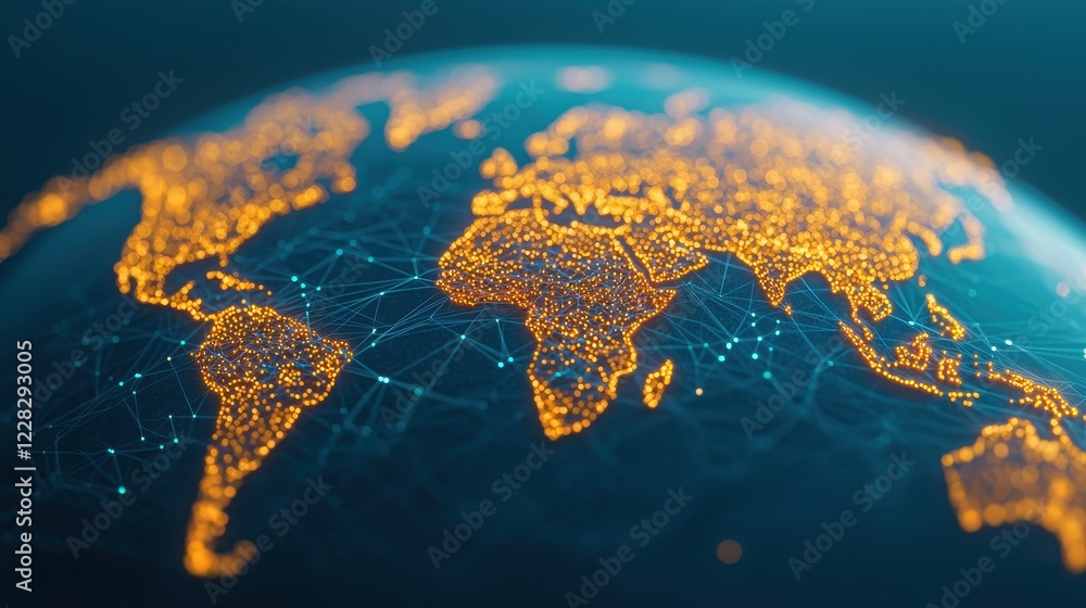 Poster abstract digital world map with illuminated network connections