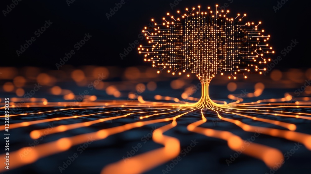 Aufkleber digital tree with bright nodes and lines on dark background