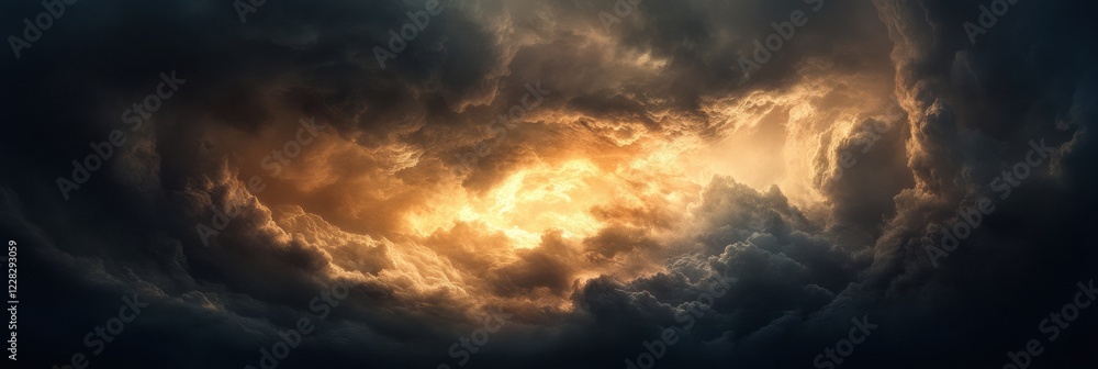 Poster majestic clouds illuminated by warm light create a dramatic sky at dusk over a serene landscape. gen