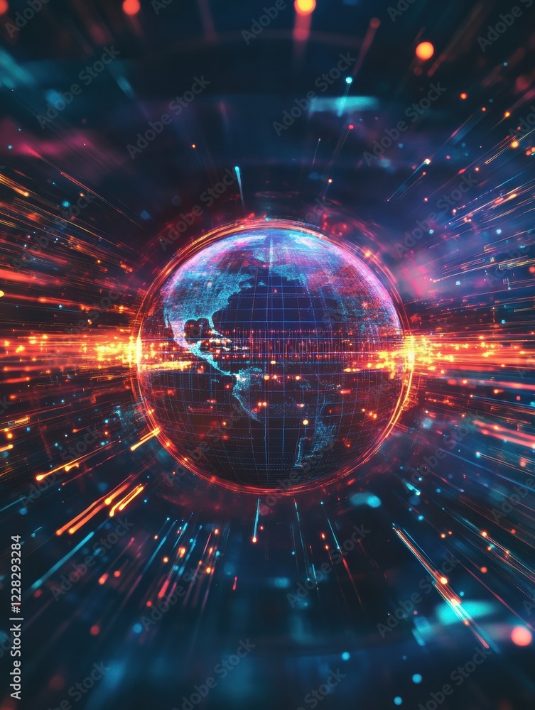 Poster globe in motion with glowing contour lines and dynamic light trails around it. generative ai
