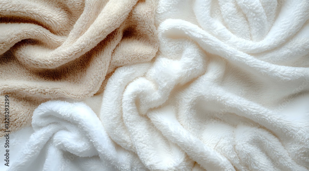 Poster soft white and beige fleece fabric with gentle folds and waves creating abstract texture pattern. na