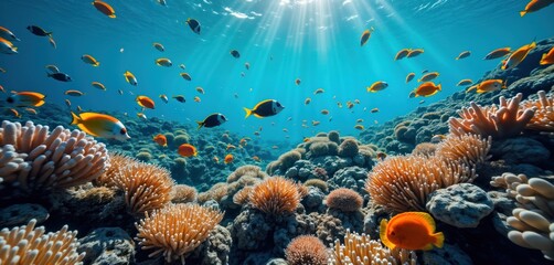 Vibrant coral reef in Red Sea. Colorful fish swim among corals. Sunlight penetrates water. Underwater scene. Paradise landscape. Stunning marine life. Exotic tropical reef. Ocean wildlife. Deep sea.