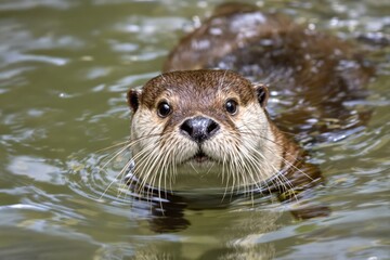 Obraz premium Curious Otter Emerging from Water, Close-Up Portrait of a Playful Mammal