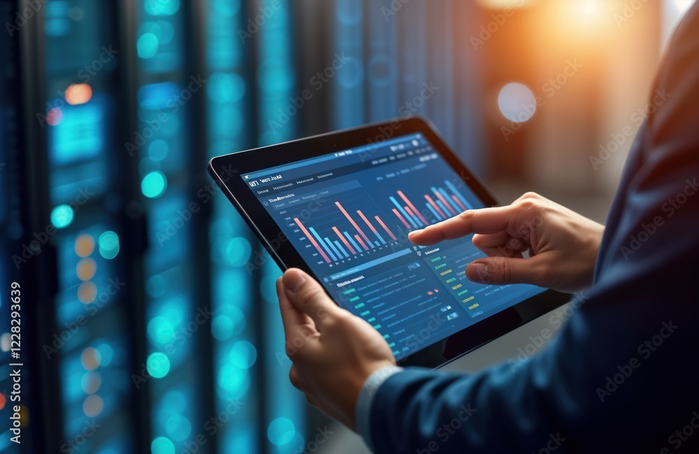 Poster consultant examines server room performance data on tablet. Data analysis shows metrics about server security, infrastructure. Consultant assesses tech infrastructure investment, resilience. Focuses