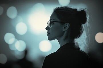 A woman with glasses, hair in a bun, looks to the side, silhouetted against a bokeh background.