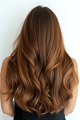 Naklejka premium Back view of long wavy brown hair with caramel balayage highlights showing professional salon styling result on white background.