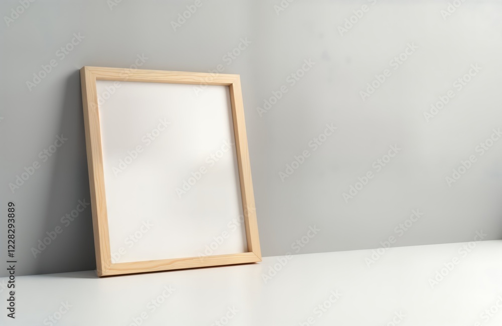 Aufkleber tilted wooden picture frame with blank white interior against light gray background. minimalist desi