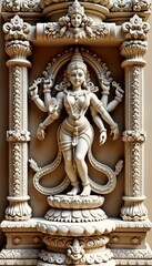Fototapeta premium Exquisite ancient Indian deity sculpture. Ornate stone carving of goddess figure. Intricate details. Hindu art style. Stone carving. Temple architecture. Asian art. Ancient sculpture. Religious art.