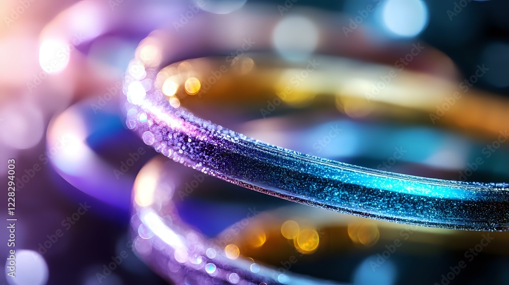 Poster glowing curved lines with sparkles in purple and turquoise colors on dark background with bokeh effe