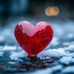 A heart of red flowers covered in dewdrops, symbolizing love and serenity. Ideal for Valentine's, nature, and art themes.