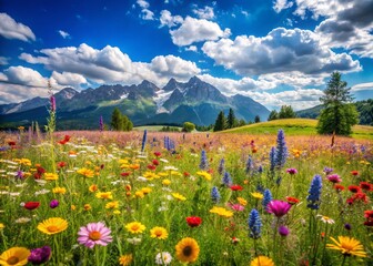 Fototapeta premium Panoramic Meadow with Abundant Wiesenraute, Blooming Wildflowers, Sunny Day