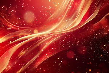 Elegant Golden Waves Flowing Over Vibrant Red Background, Luxury Abstract Design with Smooth Metallic Texture and Festive Curves