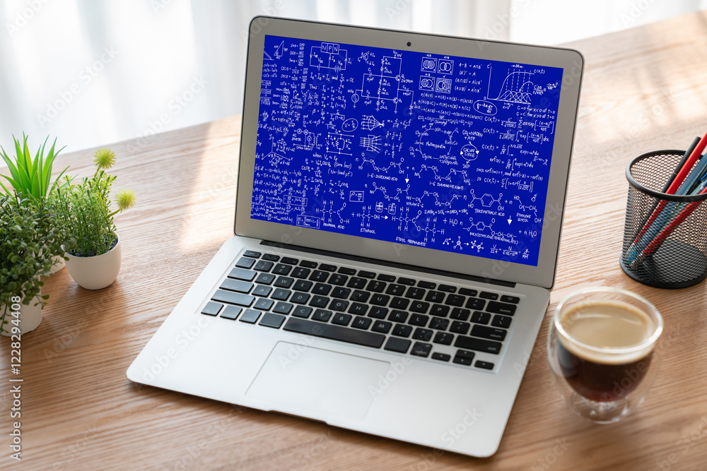 Poster mathematic equations and modish formula on computer screen showing concept of science and education