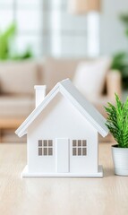 Minimalist White House Model with Decorative Plant in Modern Living Room Setting