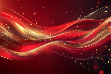 Elegant Golden Waves Flowing Over Vibrant Red Background, Luxury Abstract Design with Smooth Metallic Texture and Festive Curves