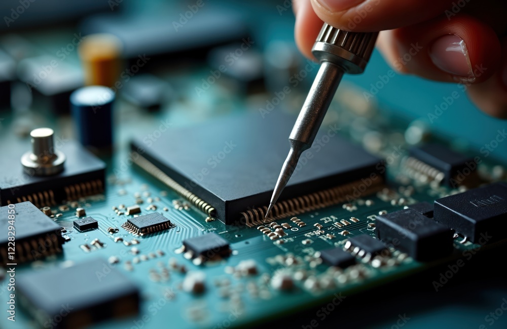 Poster close-up view of technician repairing electronic circuit board. technician using soldering iron to w