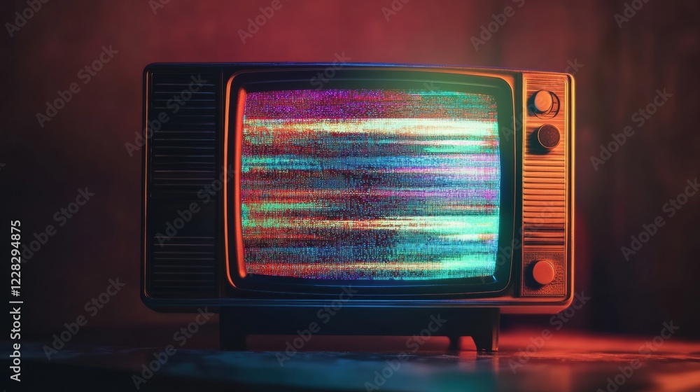 Aufkleber retro television displaying static noise with colorful glitch patterns in a dimly lit setting. gener