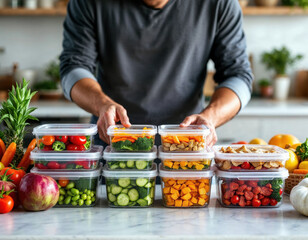 Preparing healthy meal prep with fresh vegetables and fruits in a modern kitchen while organizing ingredients into clear containers for the week ahead
