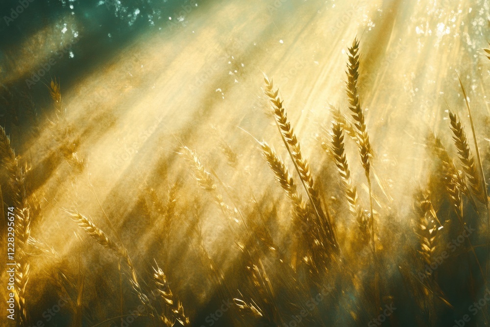Aufkleber bright rays of sunlight shining through golden ears of wheat at dusk in a serene agricultural landsc