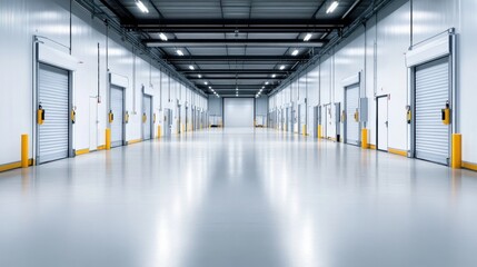 Obraz premium Clean and Spacious Warehouse Interior with Roller Doors and Bright Lighting for Storage Solutions