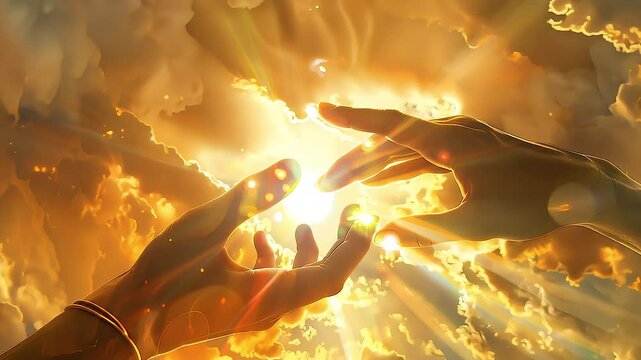 Golden sunlight breaking through dramatic clouds, silhouetted hands extending toward each other, symbolizing spiritual connection and divine hope through powerful unity gesture
