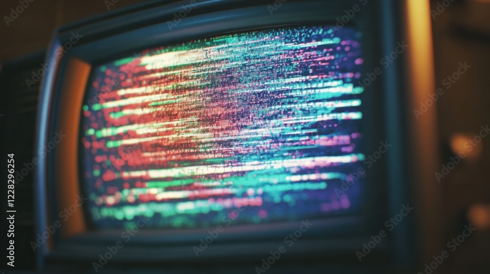 Aufkleber Retro television displaying vibrant static and colorful glitch patterns in a nostalgic setting. Generative AI
