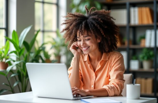 Happy woman uses laptop for online communication. Smiling female interacts with colleagues remotely. Indoor setting suggests home office similar work environment. Scene portrays comfortable,