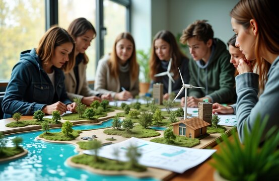 Diverse student group collaborates on urban eco-project. Students analyze eco-friendly city model including renewable energy sources like wind turbines. Team focuses on sustainable development,