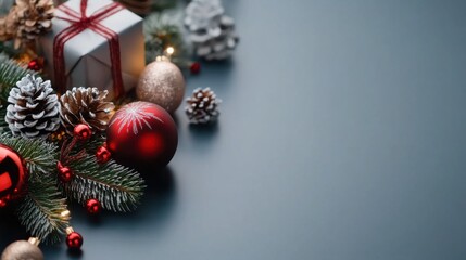 Festive Christmas Decorations with Ornaments, Gift Boxes, Pinecones, and Spruce Twigs on Dark Background