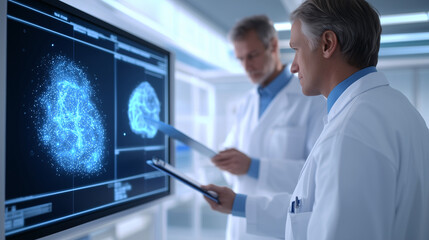 Obraz premium Physician Discussing Genomic Anomalies in Modern Medical Environment