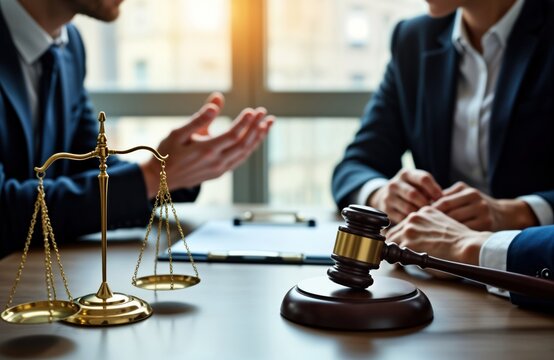 Lawyers in business suits discuss legal issues at meeting table in professional office setting. Attorneys listen to client complaints, provide legal advice. Review contracts, agreements. Gavel,