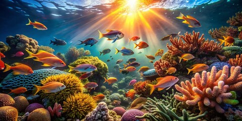 Panoramic Underwater Scene: Vivid Colorful Fish Swimming in Coral Reef